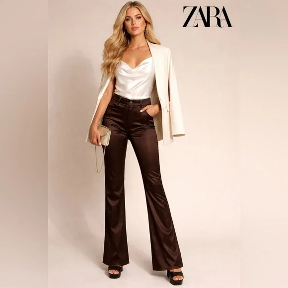 Zara Basic Satin Jeans / Pants / Trousers (Brown) - Picture 1 of 16